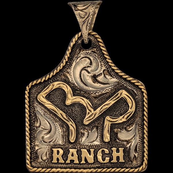 Shadow, German Silver base measures 1.75"x1.50" with a touch of our classic antique. Jewelers Bronze rope edge and Ranch Logo. 

Chain not in